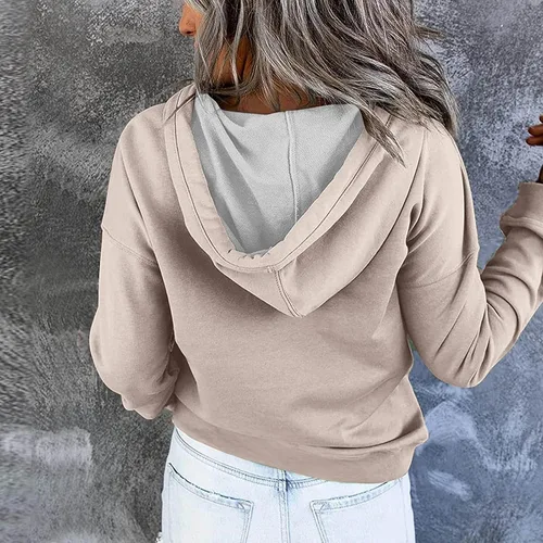 Vista 4 de Sudadera con capucha y media cremallera para mujer, con cordón, atlética, moderna, con bolsillo frontal, manga larga, para otoño