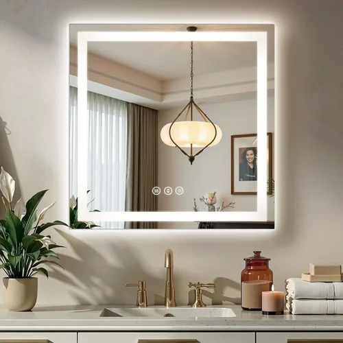 Vista 11 de Espejo de baño LED de 16 x 24 pulgadas con luces, antiniebla, retroiluminado + luz frontal, espejo de tocador de baño iluminado para pared, función