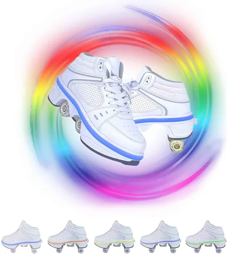 Vista 19 de Zapatos de patinaje convertibles para hombres y mujeres, zapatos de paseo automáticos para niños y adultos, patines con doble fila de ruedas, ruedas