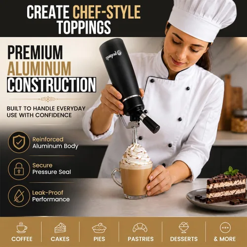 Vista 2 de Dispensador de Crema Batida Premium – Máquina de Batir a Prueba de Fugas con 3 Boquillas de Acero Inoxidable, Espátula, Bolígrafo para Alimentos