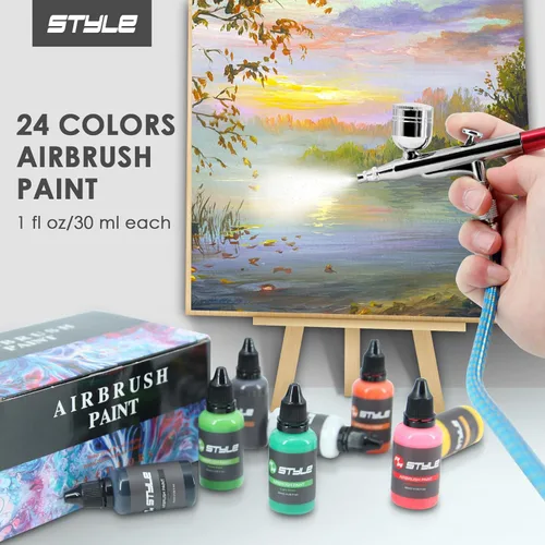 Vista 6 de Pintura para aerógrafo, 24 colores, juego de pintura para aerógrafo de 1 onza líquida, colores opacos y brillantes, kit de pintura acrílica