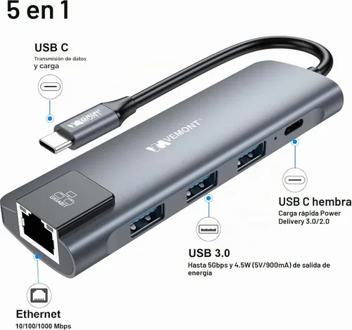 Vista 6 de VEMONT Adaptador multipuerto USB C 5 en 1, Gigabit Ethernet, 3 puertos USB 3.0, estación de acoplamiento de carga PD de 100 W compatible con MacBook