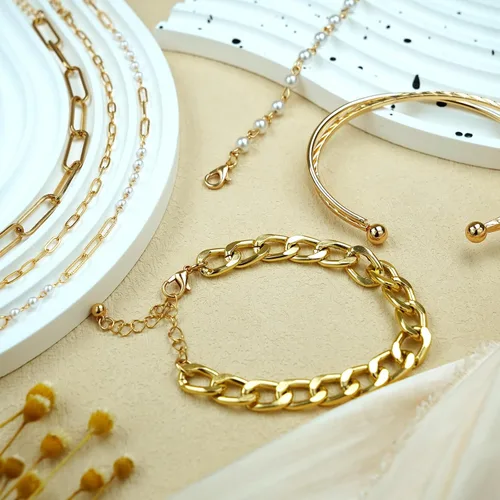 Vista 3 de OUUKP Gold Bracelets for Women,14K Real Gold Plated Jewelry Sets Tennis Cuff for Women Trendy Dainty Stackable Cuban Paperclip Chain Beaded Pearl