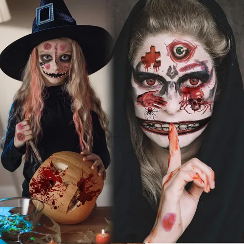 Vista 3 de Maquillaje de broma de Halloween, tatuaje temporal, 26 piezas de tatuajes temporales de Halloween para adultos, tatuajes de boca de Halloween