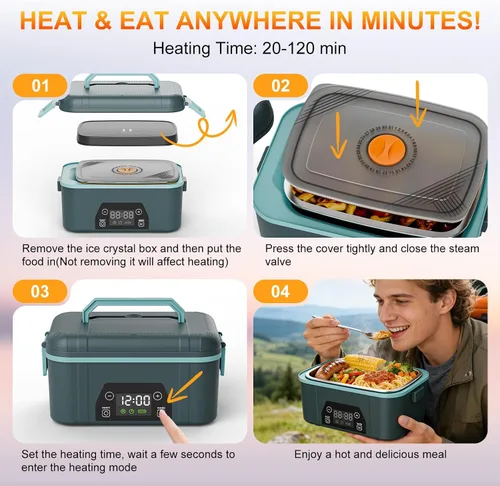 Vista 7 de Fiambrera eléctrica inalámbrica para adultos, 5.5 tazas recargable, con calefacción automática, calentador de alimentos con función de memoria y Azul