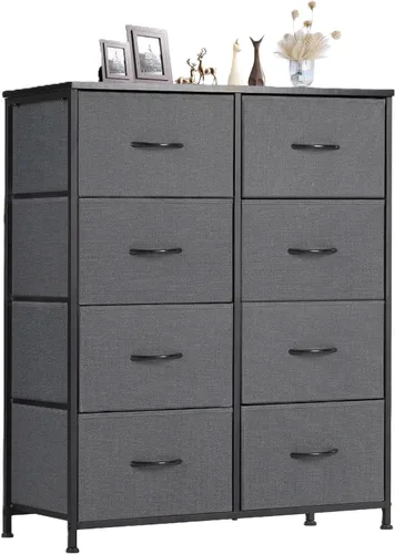 Vista 9 de Sweetcrispy Cómoda para dormitorio, cómoda de tela con 8 cajones, cómoda para armario, sala de estar, marco de acero resistente, parte superior