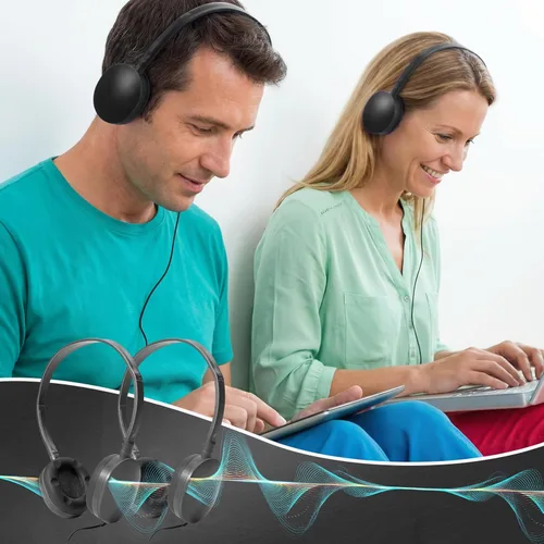 Vista 5 de Flutesan Paquete de 30 auriculares con cable, auriculares ajustables en la oreja con estéreo, auriculares para escuelas, laptop, viajes, avión, Negro