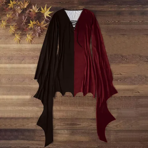 Vista 6 de Disfraces de Halloween para mujer, vestido sexy de manga murciélago, gótico, vintage, mini vestido cruzado, vestido de fiesta de manga larga