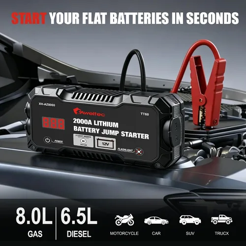 Vista 3 de Arrancador de salto 2000A para 8.0L Gas/6.5L Diesel con USB y LED