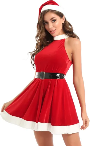 Vista 2 de Loloda 3 piezas de terciopelo suave para mujer y adulto, disfraz de Papá Noel, vestido de franela con sombrero