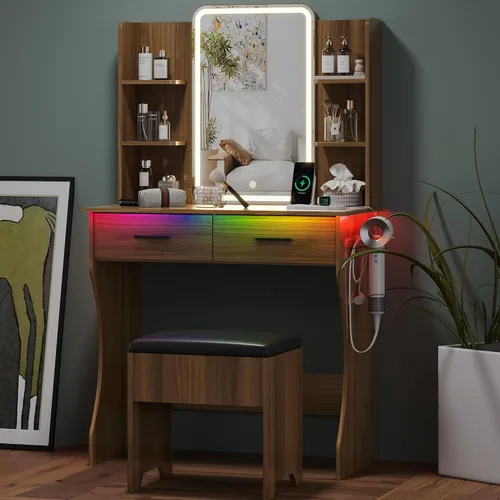 Vista 10 de HUANLEGO Pequeño escritorio rosa con espejo y luces para mujeres y niñas