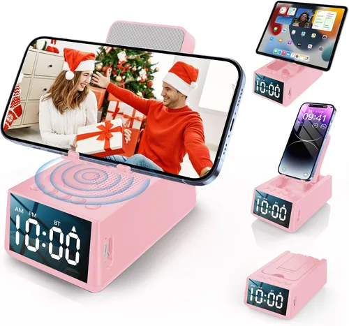 Vista 8 de Regalos de cumpleaños para mujeres, soporte de teléfono con altavoz Bluetooth con sonido y reloj HD, soporte inalámbrico ajustable para teléfono Rosa