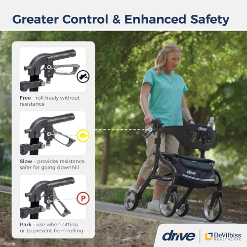 Vista 3 de Drive Medical Nitro Sprint - Andador plegable con asiento, ligero, para estatura estándar, con ruedas grandes, plegable, color negro