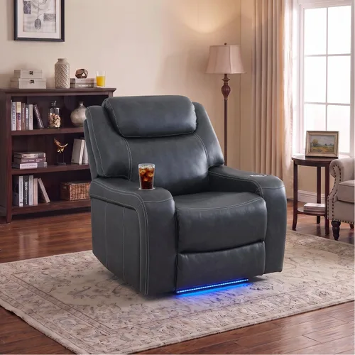 Vista 33 de Sofá reclinable con luces LED, sofá reclinable de cuero con dos asientos reclinables/puerto USB/consola de almacenamiento/soporte para vasos