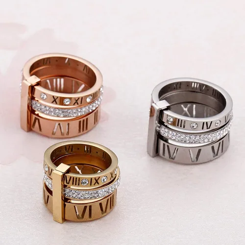 Vista 5 de Anillo de acero inoxidable con circonita cúbica y número romano para mujer, 3 en 1, anillos de boda Trinity