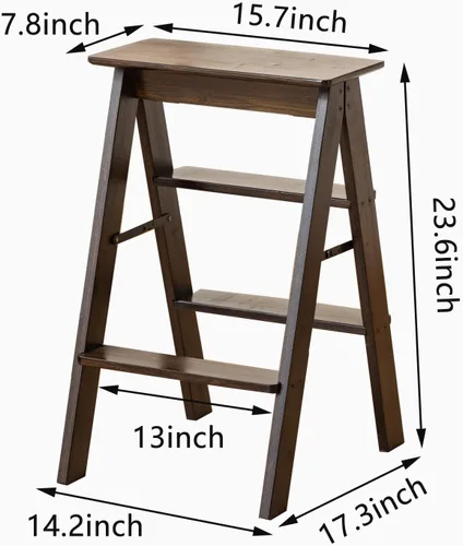Vista 2 de Latifolia Escalera plegable de 3 escalones, taburete de bambú con protector de suelo, estante decorativo para sala de estar, cocina, jardín