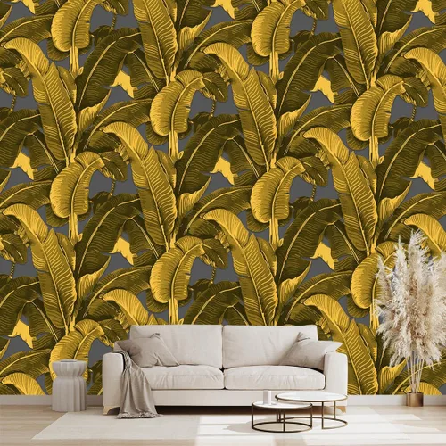 Vista 16 de Mural de hojas negras y doradas para dormitorio, papel tapiz botánico tropical, decoración de plantas, sala de estar, fondo de televisión, mural