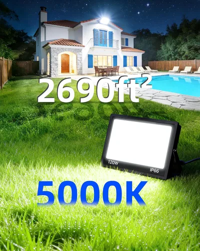 Vista 2 de Luz de inundación LED de 120 W para exteriores con enchufe, luces de seguridad superbrillantes de 14400 lm con cable de 5 pies, luz de trabajo LED