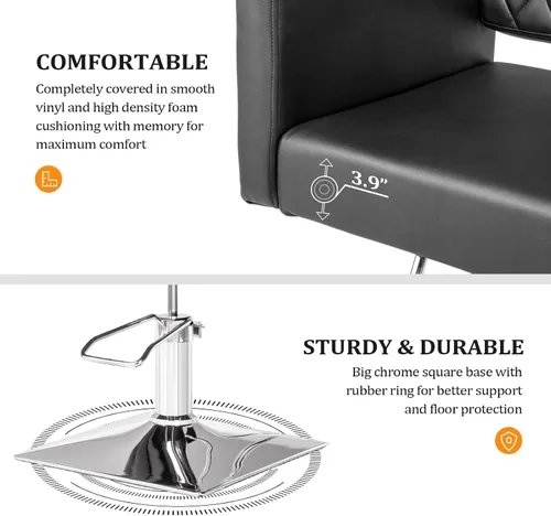 Vista 6 de Bonnlo Silla de salón para estilista asiento ancho, silla de peluquería hidráulica con reposapiés de aleación de aluminio, silla de peluquería negra