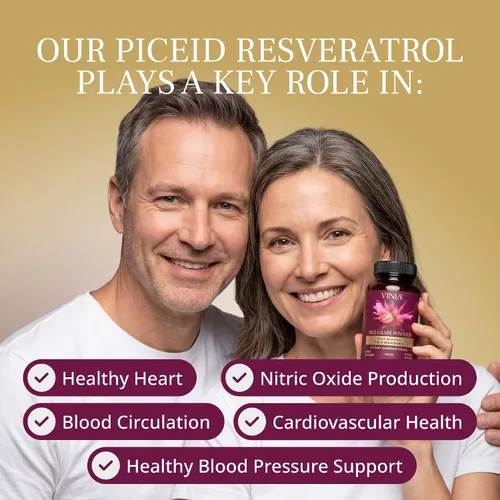 Vista 4 de VINIA Cápsulas de suplemento de resveratrol Piceid. Aumenta el flujo sanguíneo y el óxido nítrico. Presión arterial y apoyo a la salud cardíaca