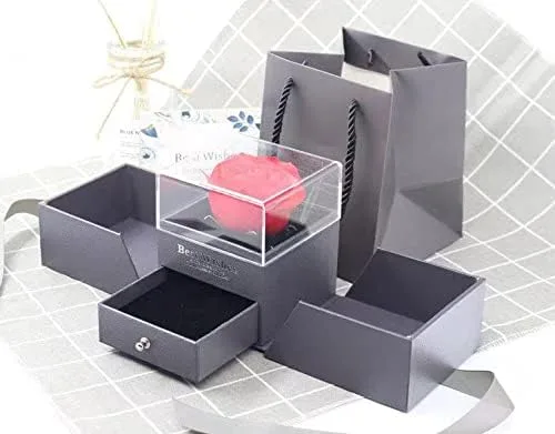 Vista 2 de Zbrand Valentine Natural Preserved Rose Jewelry Box with Surprise 100 Languages I Love you Necklace Eteternal Unfade Flowers Jewelry Storage Case