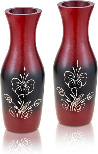 Vista 6 de Aeravida Juego de jarrón de madera de árbol de mango de 8 pulgadas cautivador de hibisco, color rojo y negro, jarrón de madera de mango Jarrón