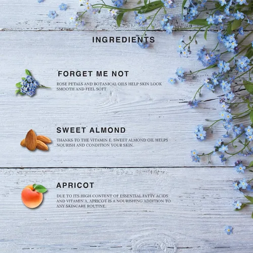 Vista 4 de Aceite multiusos para rostro, cuerpo y cabello, Forget Me Not, mezcla orgánica de albaricoque, vitamina E y aceite de almendras dulces hidratante