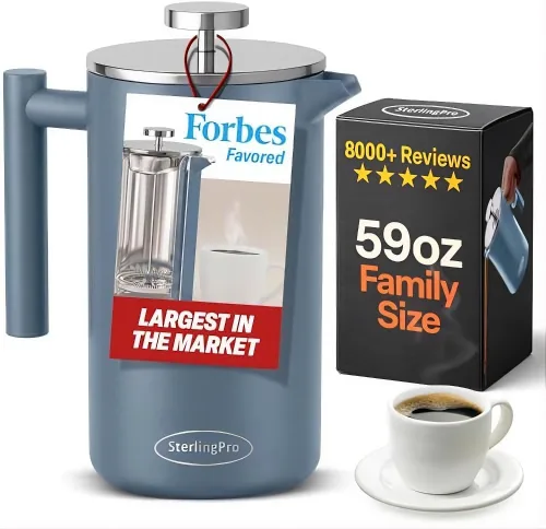 Vista 15 de SterlingPro - Cafetera de prensa francesa de acero inoxidable extra grande con aislamiento no tóxico de 64 onzas, capacidad de 1/2 galón/2 litros