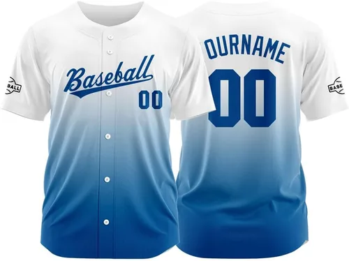 Vista 35 de Camiseta de béisbol con degradado personalizado, nombre, número y logotipo personalizados para hombres, mujeres y niños