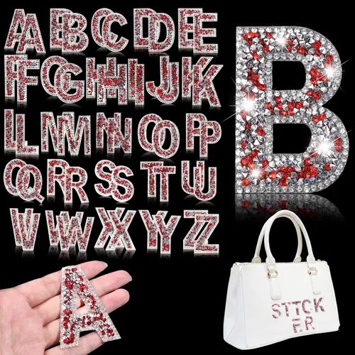 Vista 17 de Yinder 26 piezas de pegatinas de letras con purpurina y diamantes de imitación, diamantes de imitación para planchar, letras autoadhesivas A-Z Negro