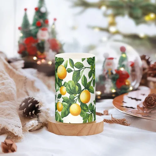 Vista 5 de Velas sin llama, funciona con pilas, acuarela, limones amarillos, parpadeantes, con control remoto, hojas verdes de verano, velas de luz cálida que