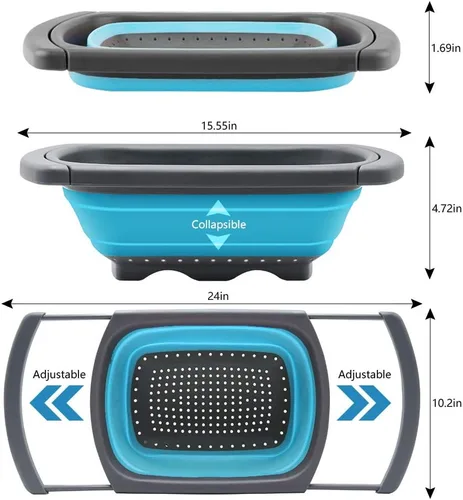 Vista 7 de Qimh Colador plegable, colador sobre el fregadero, coladores de alimentos con asas extensibles, 6 cuartos de galón, colador plegable de cocina apto