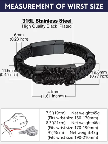 Vista 6 de Bandmax Pulsera trenzada de cuero negro para hombre con colgante gótico punk, pulsera de cuero con hebilla de acero inoxidable, paquete de regalo
