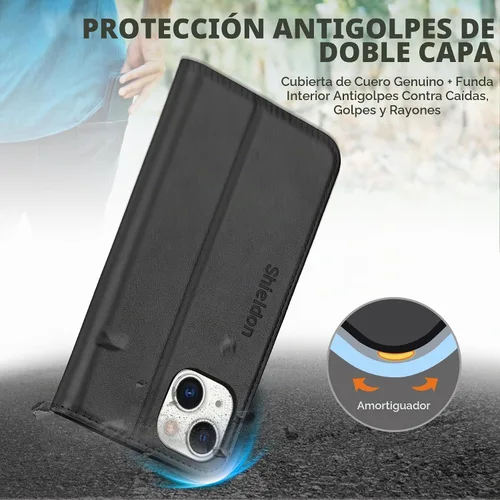 Vista 6 de SHIELDON Funda para iPhone 14 de 6.1", Funda tipo cartera de cuero genuino [Cierre magnético] [Ranuras para tarjetas con bloqueo RFID] [Soporte]