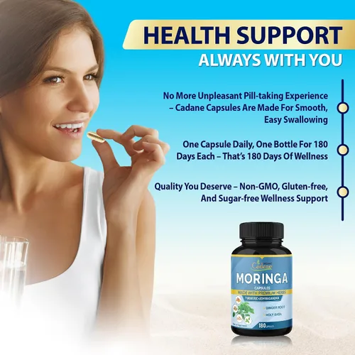 Vista 6 de Cadane Moringa Extract Capsules, suministro de 6 meses con raíz de Ashwagandha, Tulsi, jengibre, cúrcuma - 180 cápsulas