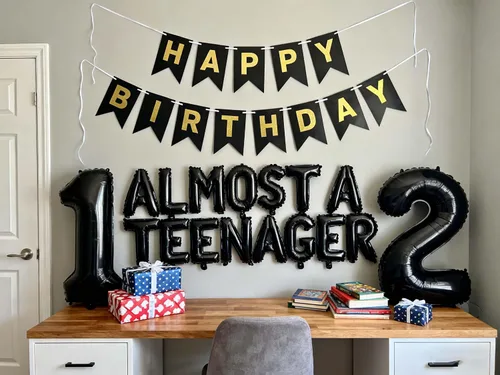 Vista 3 de Decoraciones de cumpleaños número 12 para niños, globos de aluminio con el número 12 de la frase "Almost a teenager", suministros de aniversario