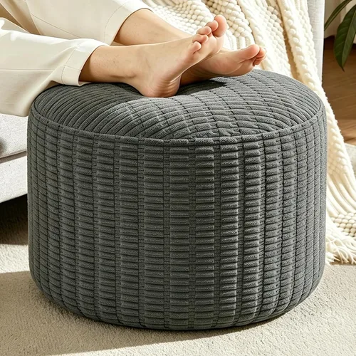 Vista 18 de Puf otomano redondo de pana para sala de estar, taburete relleno de espuma triturada de felpa suave, cómodo reposapiés Soft plush shredded foam