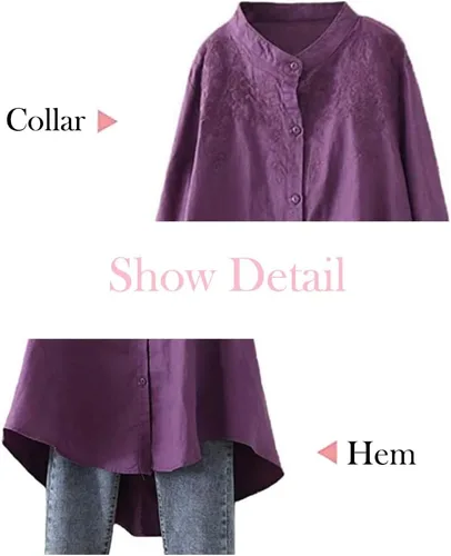 Vista 3 de Minibee Camisa de algodón y lino para mujer, blusa bordada con botones y manga larga