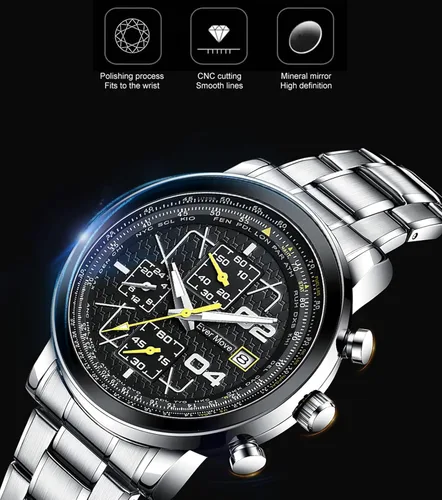 Vista 3 de Relojes de pulsera para hombre, cronógrafo, casual, de cuarzo, con correa de acero inoxidable, impermeable, taquímetro, fecha
