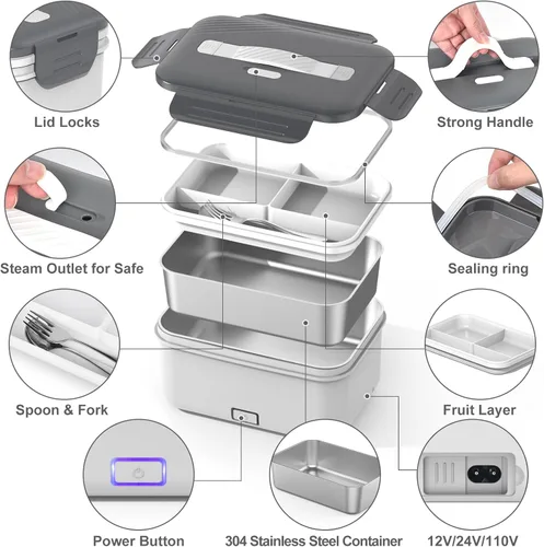 Vista 8 de WisaKey Lonchera eléctrica con calentador de alimentos, 60/80/100 W, para adultos, para automóvil, camión, 12 V/24 V/110 V/220 V, caja de almuerzo