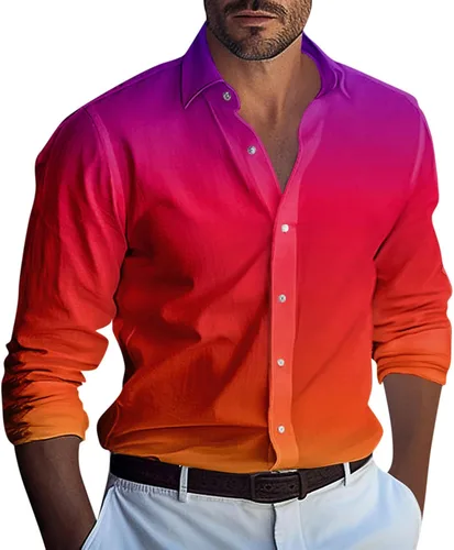 Vista 15 de Ymosrh Camisas de manga larga para hombre, color degradado, con botones, casual, formal, para boda, graduación, tallas M-3XL