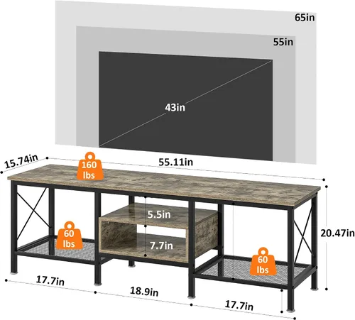 Vista 10 de VECELO Soporte de TV Industrial para Televisión de 65 Pulgadas, Gabinete Consola de 3 Niveles con Estantes de Almacenamiento Abiertos, Centro