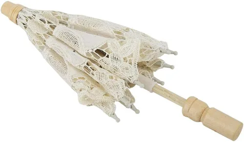 Vista 2 de Diyeeni Paraguas de novia, elegante sombrilla de bordado de algodón con encaje floral hecho a mano, sombrilla con mango de madera para bodas