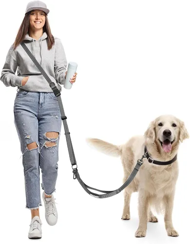 Vista 12 de Correa de perro manos libres, correa cruzada para perro, cinturón de cintura de 5.3 a 7.8 pies con cinturón de seguridad para automóvil