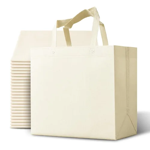 Vista 8 de Bagways Paquete de 30 bolsas de compras reutilizables con asas, duraderas, plegables, lavables, ecológicas, de 14x6.5x14 pulgadas, diseño beige/verde
