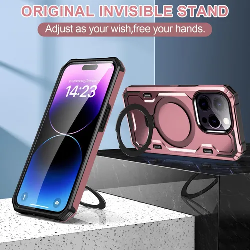 Vista 5 de Funda para iPhone 14 Pro, compatible con MagSafe, soporte invisible integrado y soporte de anillo, grado MIL, doble capa a prueba de golpes, funda