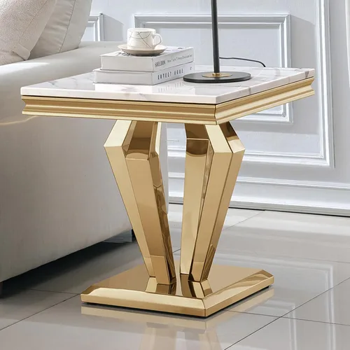 Vista 20 de Mesa auxiliar de mármol de 47 pulgadas, moderna mesa central de mármol sintético blanco con base de espejo dorado en forma de diamante, mesa Blanco