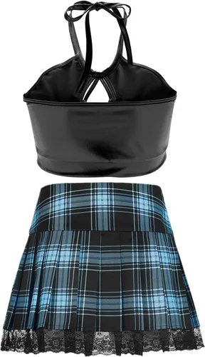 Vista 2 de SFBBCLOZ 2 Piece School Girl Outfit Costume For Women Rave Outfit Halter Top Lace Plaid Skirt Set For Women Club Cosplay