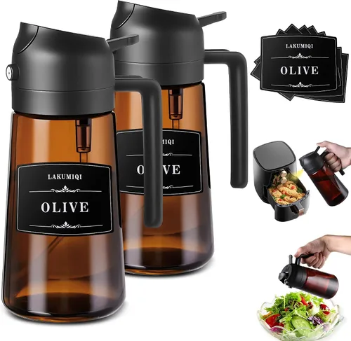 Vista 13 de LAKUMIQI Pulverizador de aceite de oliva 2 en 1 para freidora de aire, dispensador de aceite de vidrio de 16 onzas y rociador de aceite de cocina