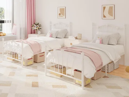 Vista 3 de GarveeHome Marco de cama de tamaño individual, marco de cama de metal en forma de corazón con cabecera y estribo, marco de cama de plataforma